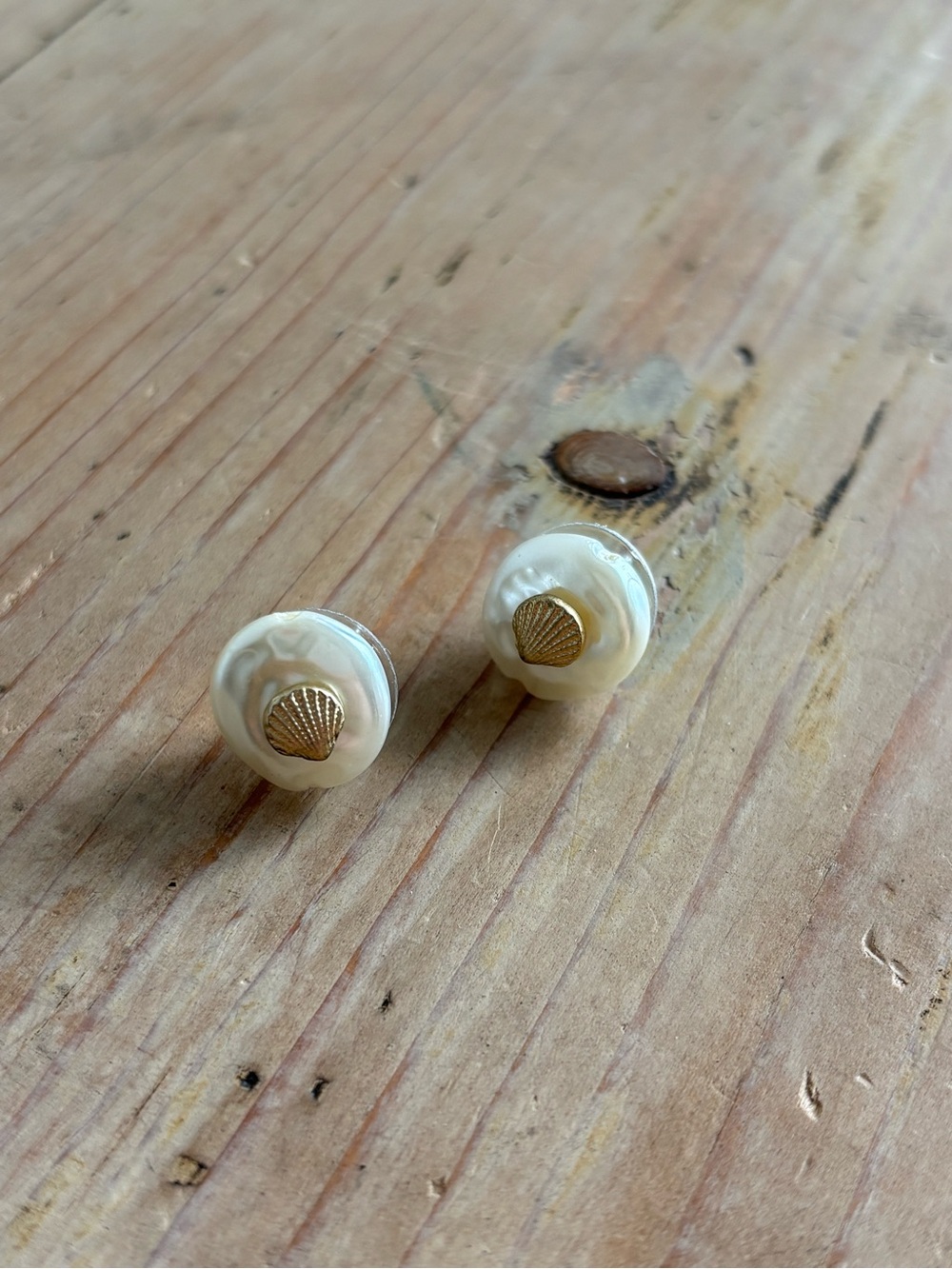 Fornash Pearl Shell Button Earrings with Gold Seashell Accent from Tuckernuck